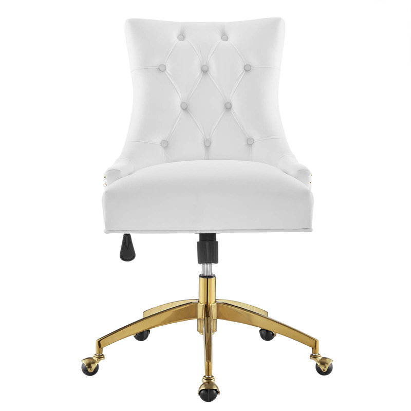 Elegant Gold and White Tufted Swivel Task Chair with Velvet Upholstery