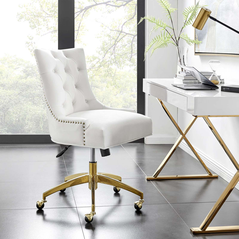 Elegant Gold and White Tufted Swivel Task Chair with Velvet Upholstery