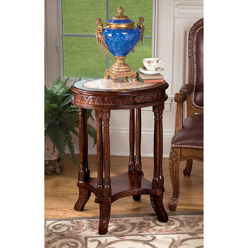 Acanthus Scrollwork Hand-Carved Wood and Marble End Table with Storage