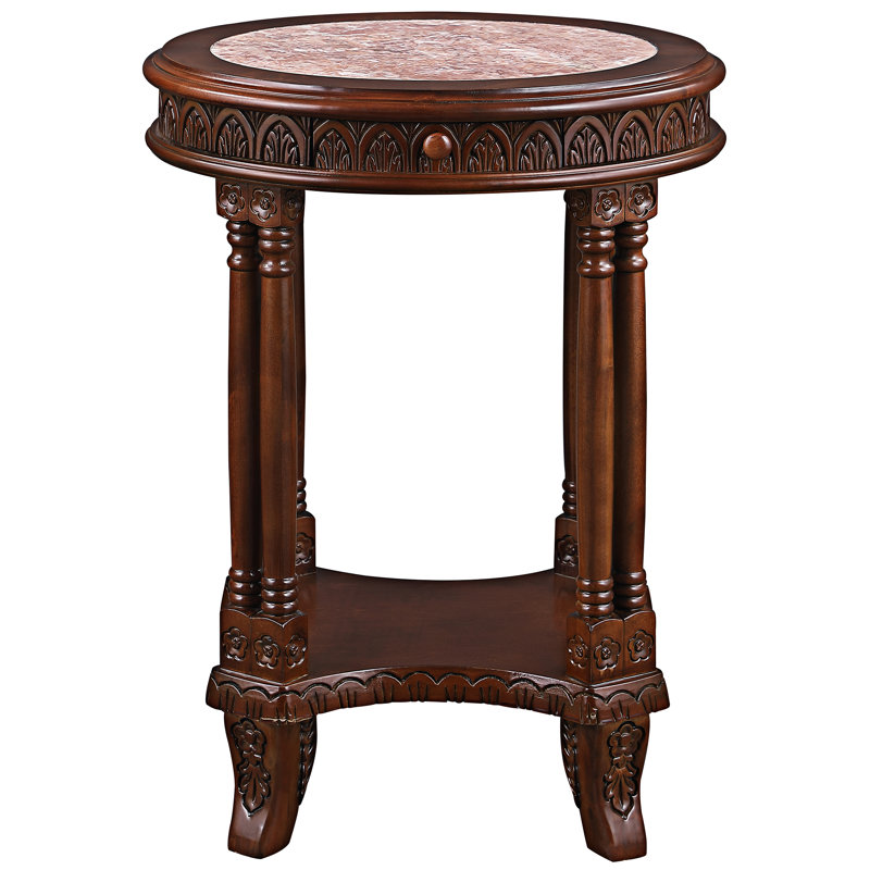Acanthus Scrollwork Hand-Carved Wood and Marble End Table with Storage
