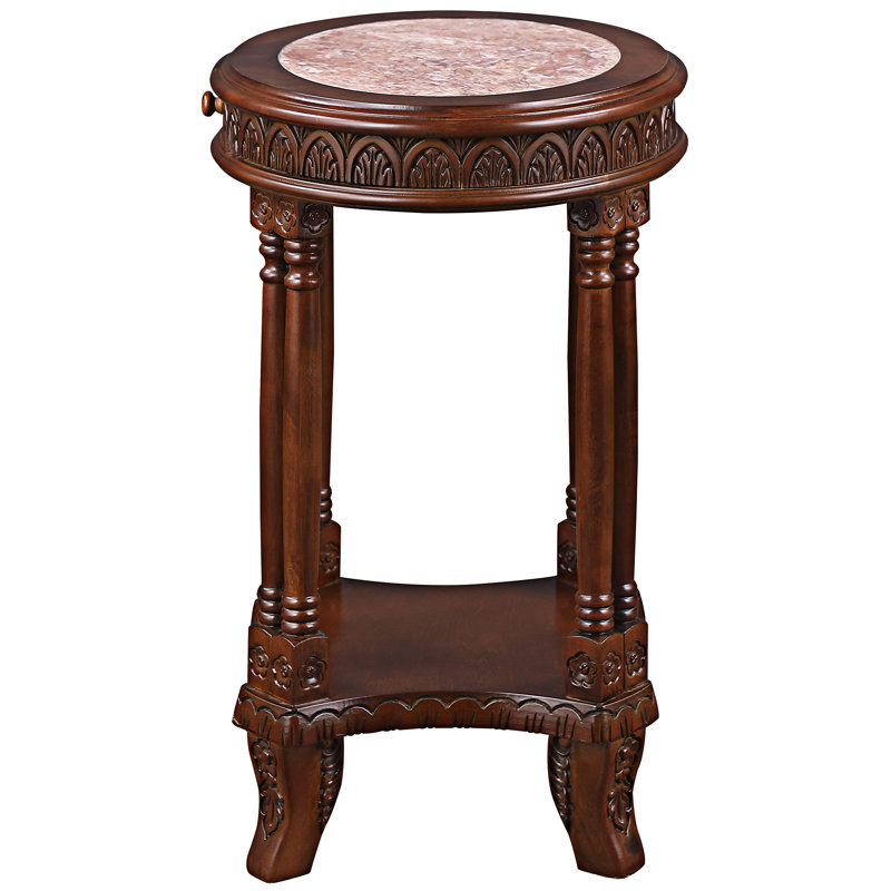 Acanthus Scrollwork Hand-Carved Wood and Marble End Table with Storage
