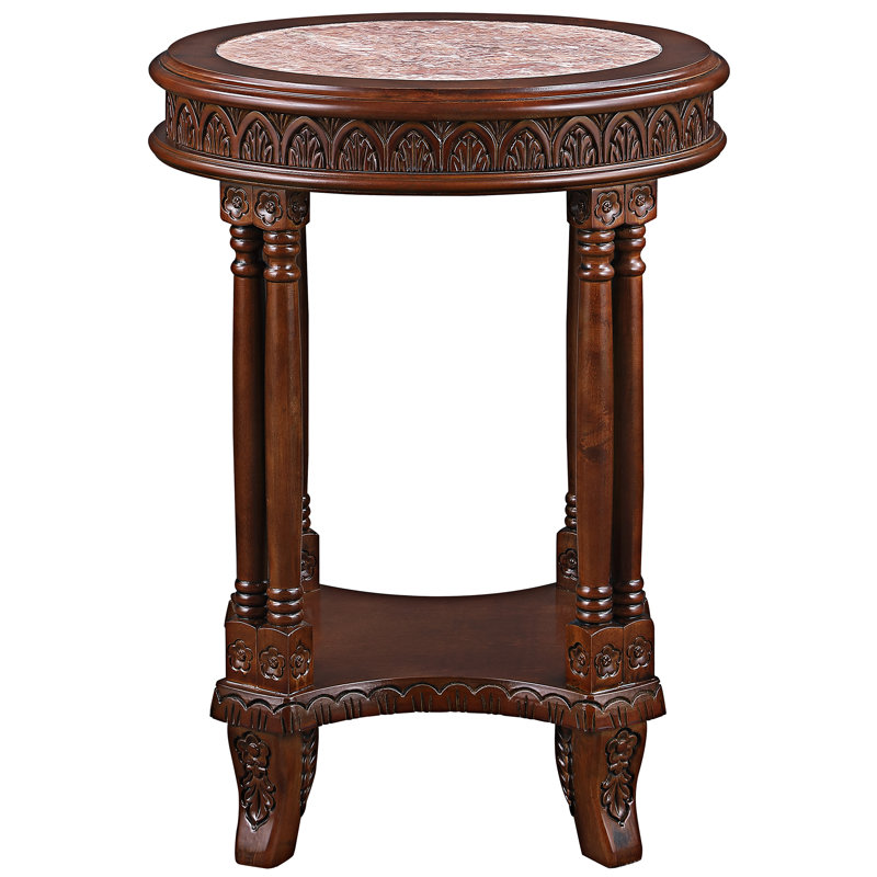 Acanthus Scrollwork Hand-Carved Wood and Marble End Table with Storage
