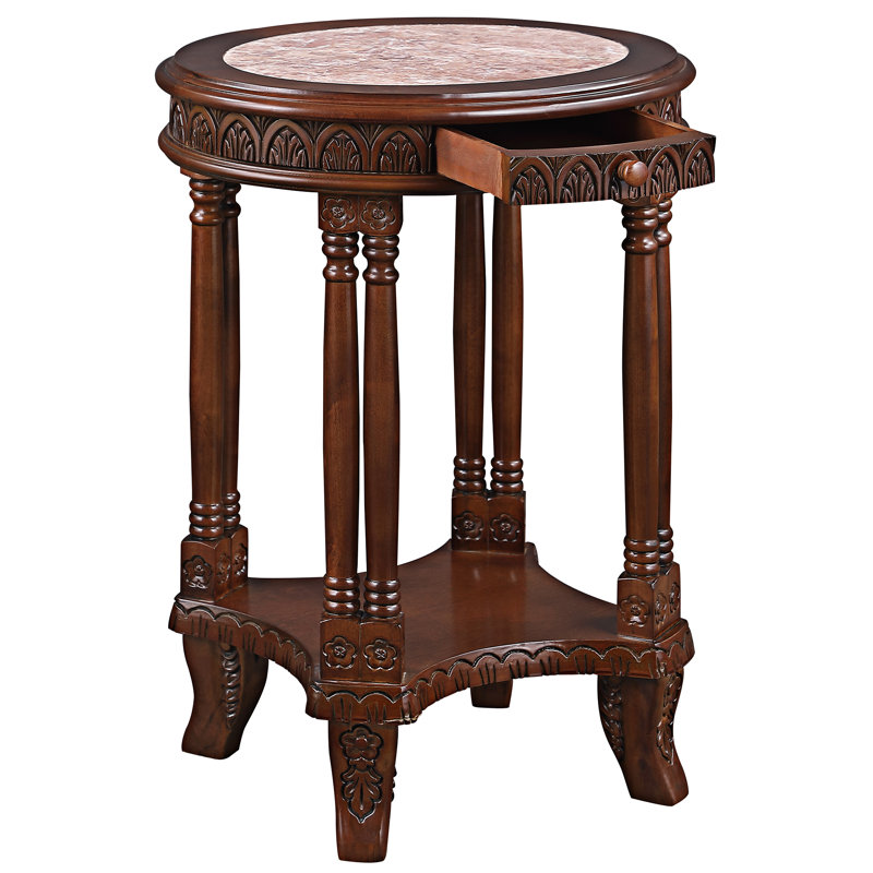 Acanthus Scrollwork Hand-Carved Wood and Marble End Table with Storage