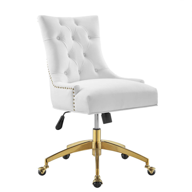 Elegant Gold and White Tufted Swivel Task Chair with Velvet Upholstery