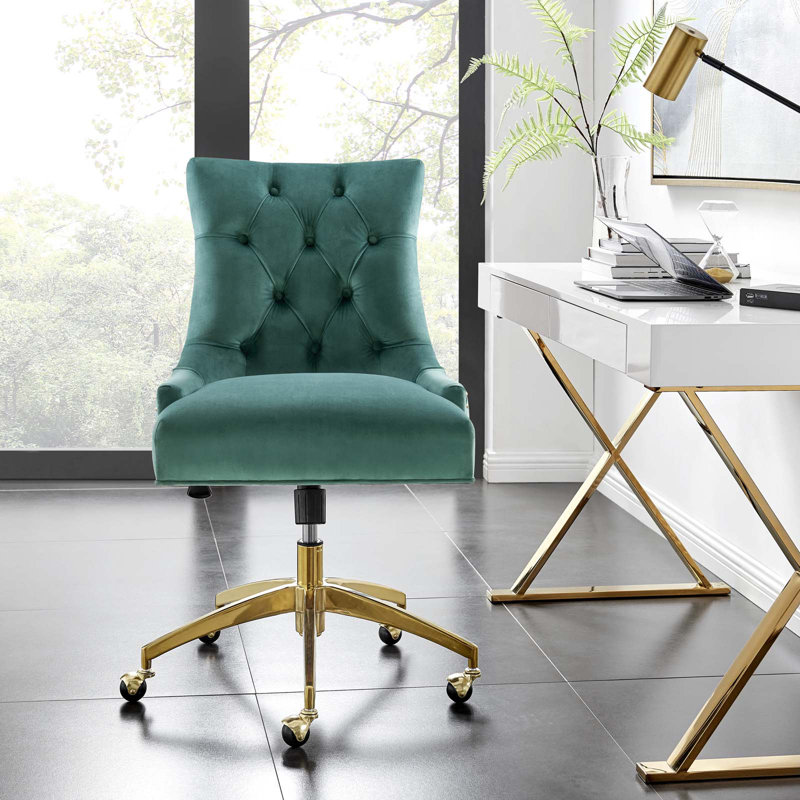 Teal Velvet Tufted Swivel Office Chair with Gold Base
