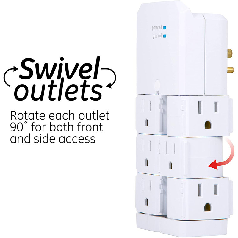 White 6-Outlet Swivel Wall Tap Surge Protector with USB Ports