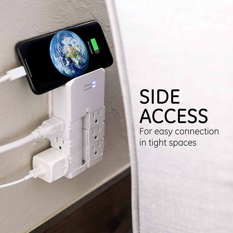 White 6-Outlet Swivel Wall Tap Surge Protector with USB Ports