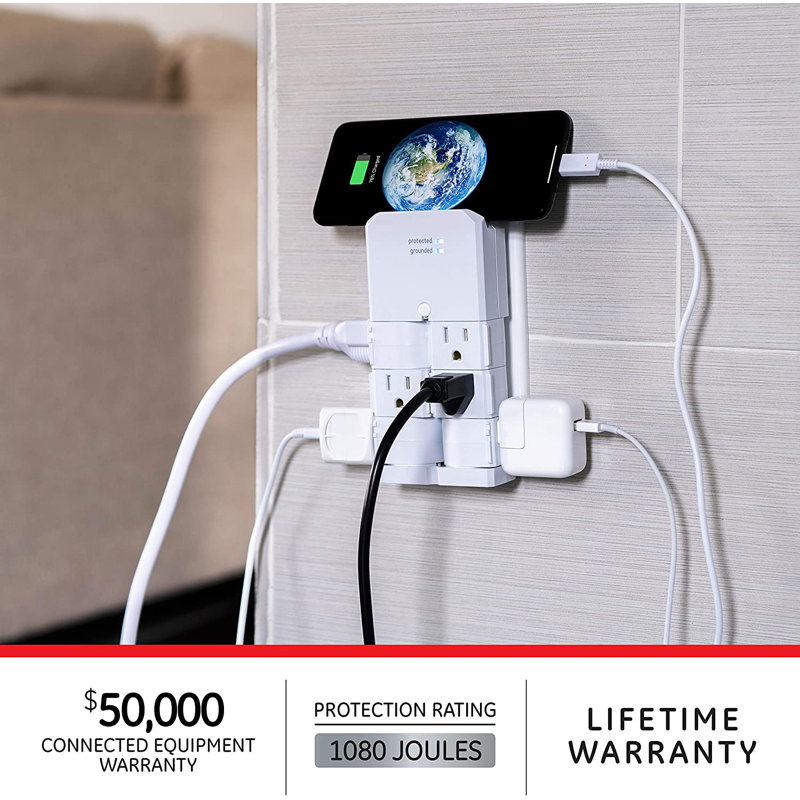 White 6-Outlet Swivel Wall Tap Surge Protector with USB Ports