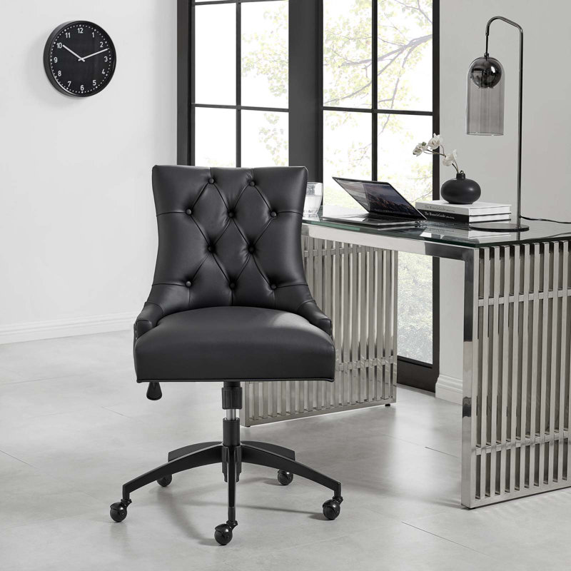 Vintage Glam Deco Black Vegan Leather Swivel Office Chair