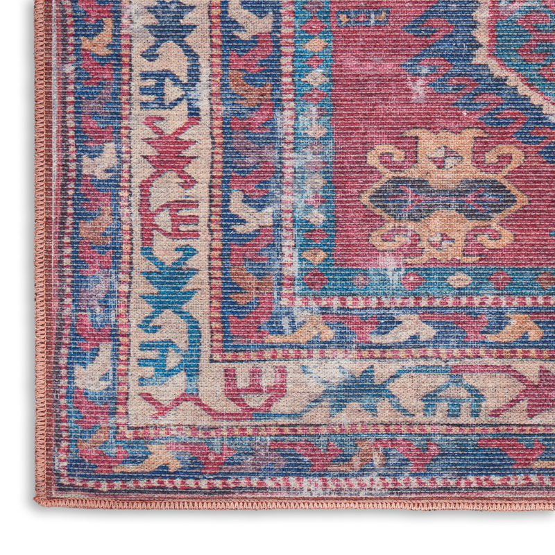 Vintage-Inspired Muted Red Medallion 4' x 6' Washable Rug