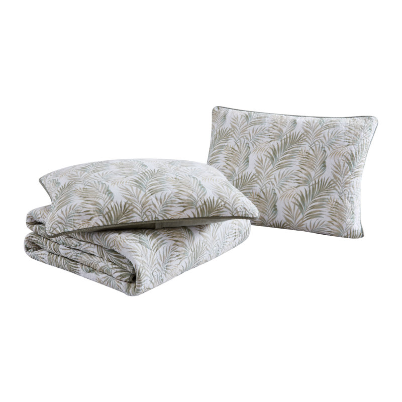 Reversible Sage Palm Motif White Cotton King Quilt Set