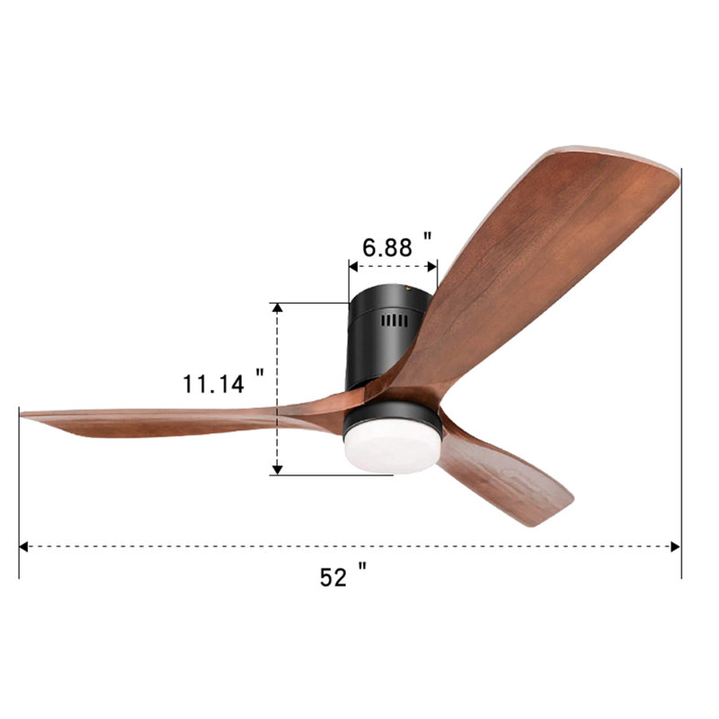 52'' Matte Black and Brown Wood Flush Mount Ceiling Fan with LED Light