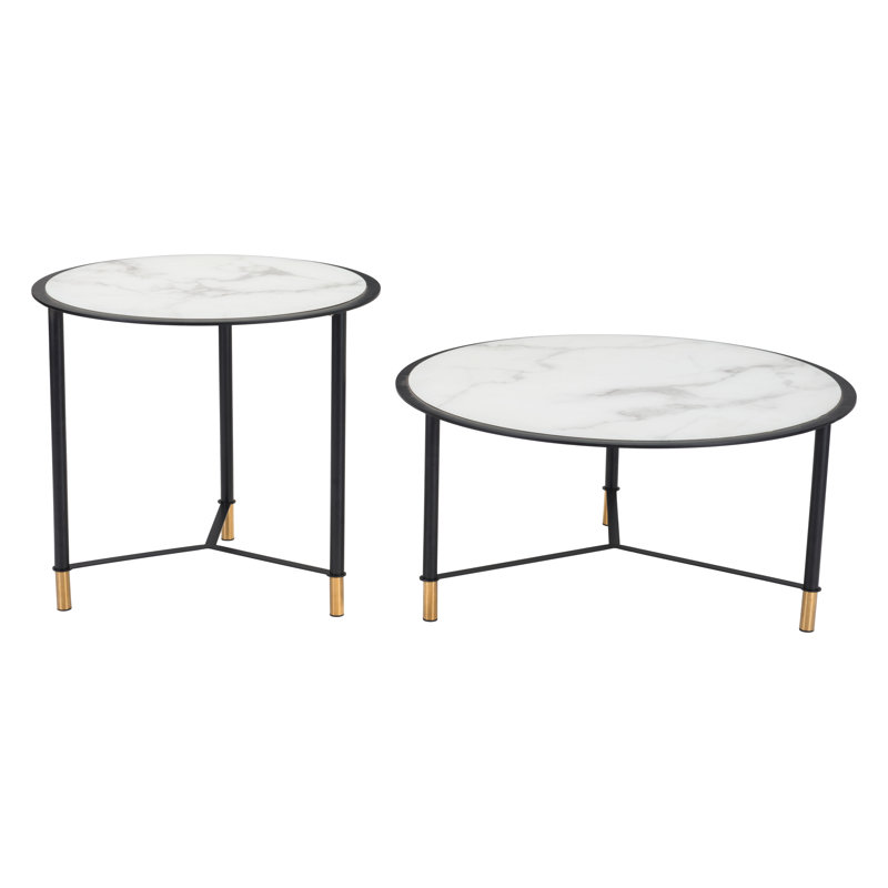 Mod Davis 31.5" Round Coffee Tables in Black & White with Marble Print