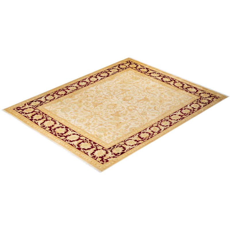Ivory and Red Hand-Knotted Wool Oriental 8' x 10' Rug