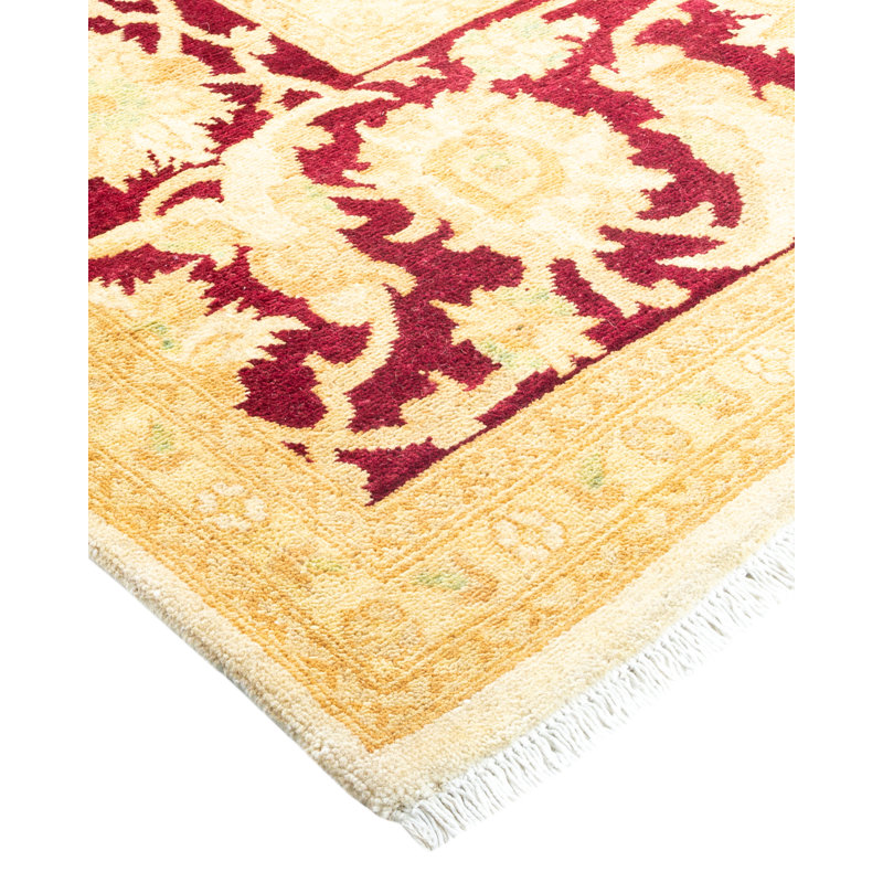 Ivory and Red Hand-Knotted Wool Oriental 8' x 10' Rug