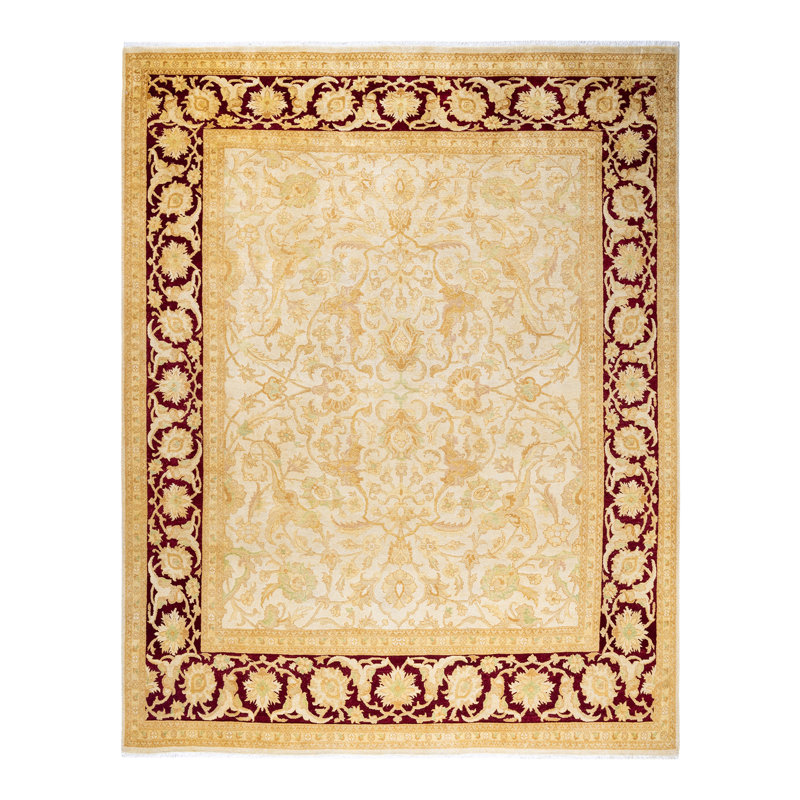 Ivory and Red Hand-Knotted Wool Oriental 8' x 10' Rug
