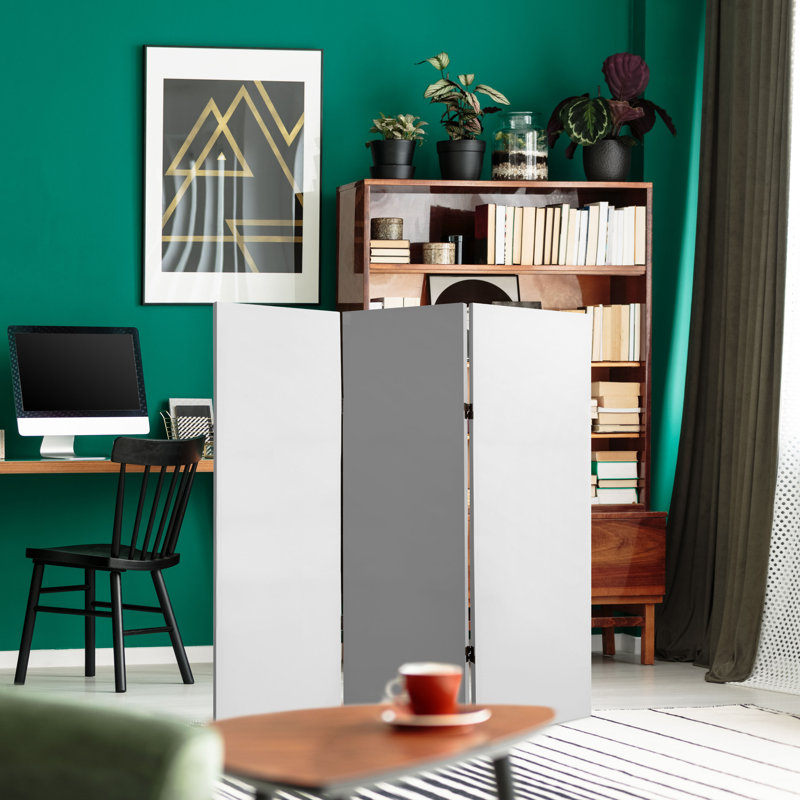 White Canvas 4 ft. Folding Room Divider with Spruce Wood Frame