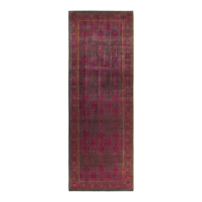 One-of-a-Kind Red and Green Hand-Knotted Wool Runner Rug