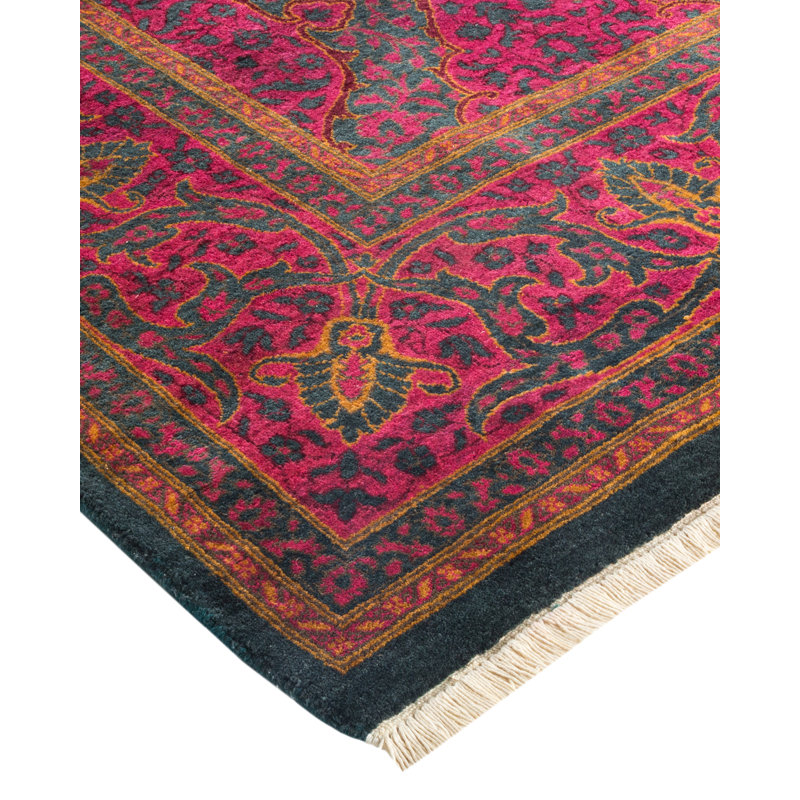 One-of-a-Kind Red and Green Hand-Knotted Wool Runner Rug