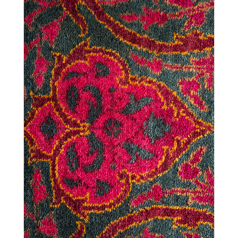 One-of-a-Kind Red and Green Hand-Knotted Wool Runner Rug