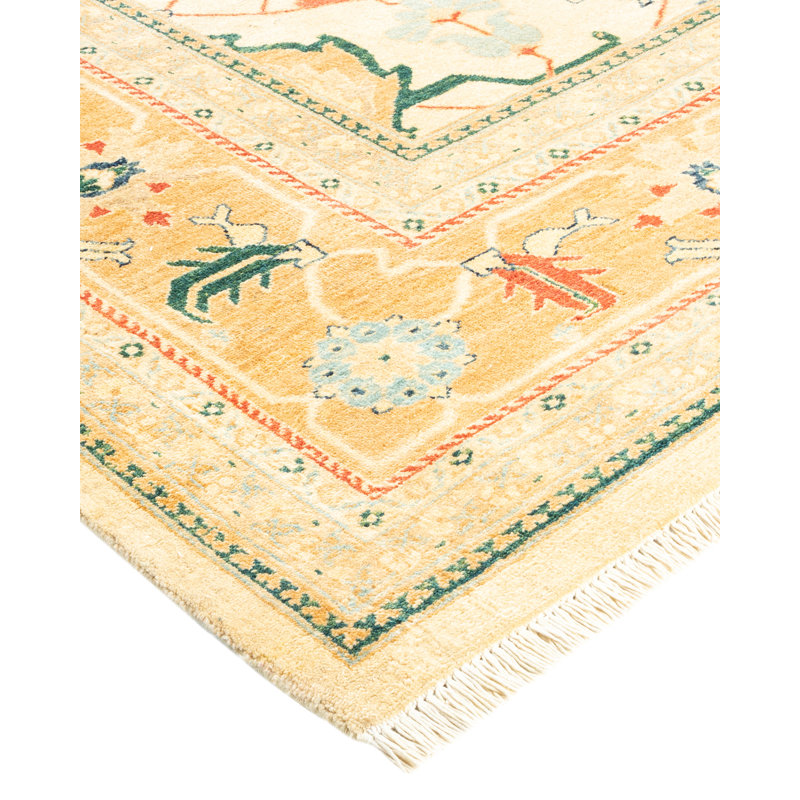 Ivory and Orange Hand-Knotted Wool 8' x 10' Area Rug