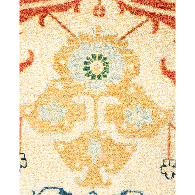 Ivory and Orange Hand-Knotted Wool 8' x 10' Area Rug