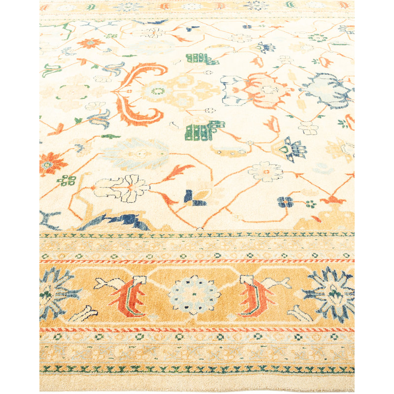 Ivory and Orange Hand-Knotted Wool 8' x 10' Area Rug