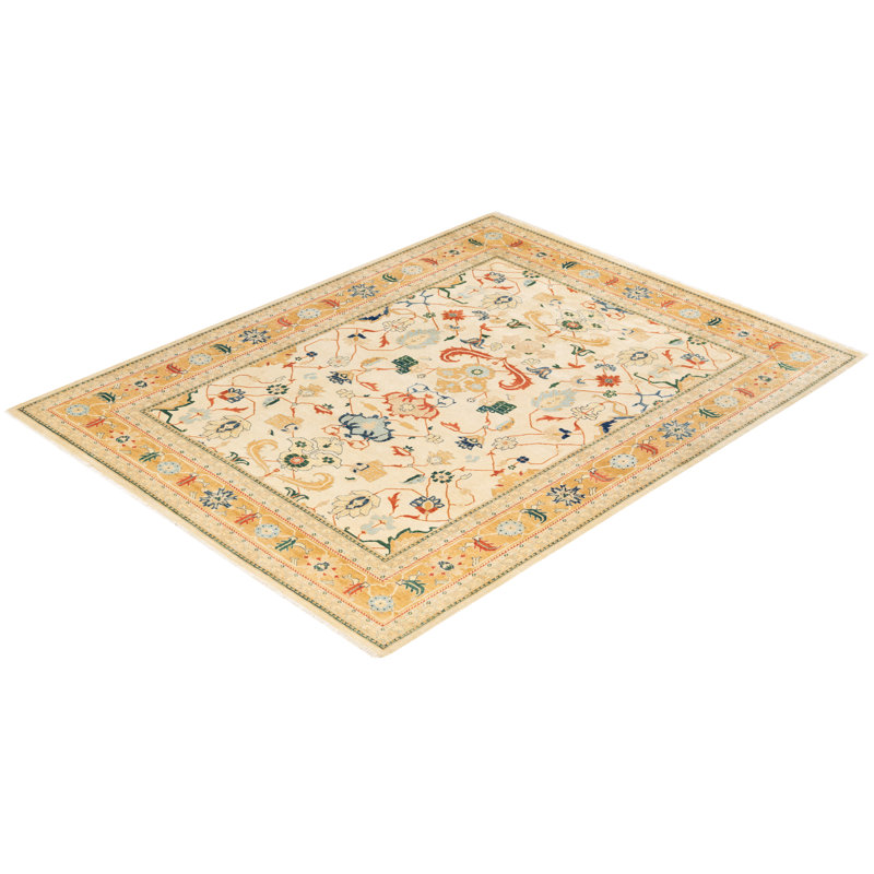 Ivory and Orange Hand-Knotted Wool 8' x 10' Area Rug