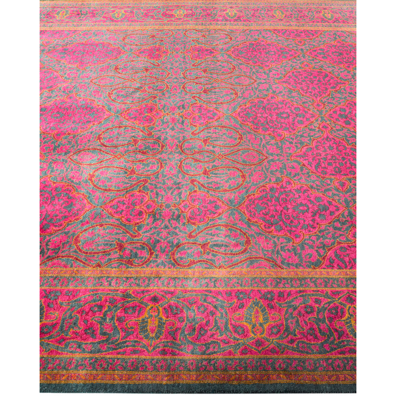 One-of-a-Kind Red and Green Hand-Knotted Wool Runner Rug