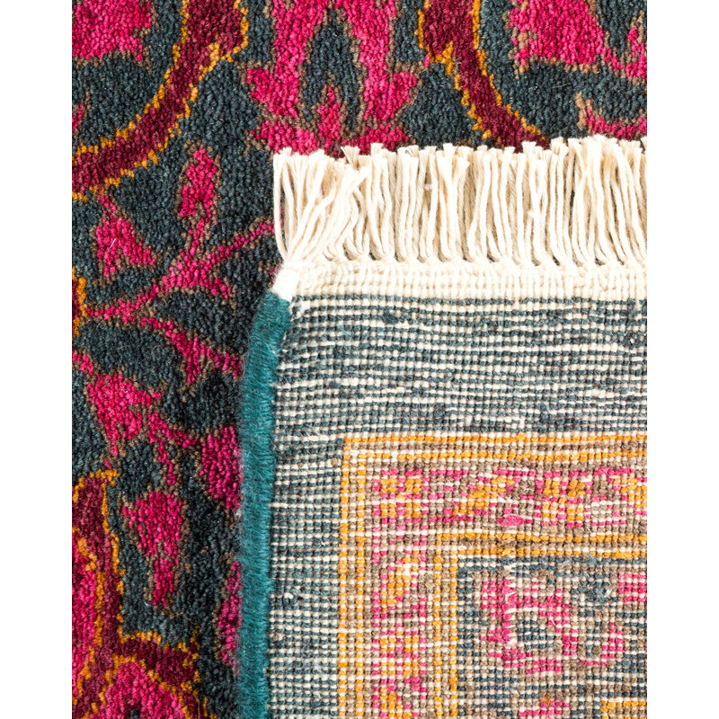 One-of-a-Kind Red and Green Hand-Knotted Wool Runner Rug