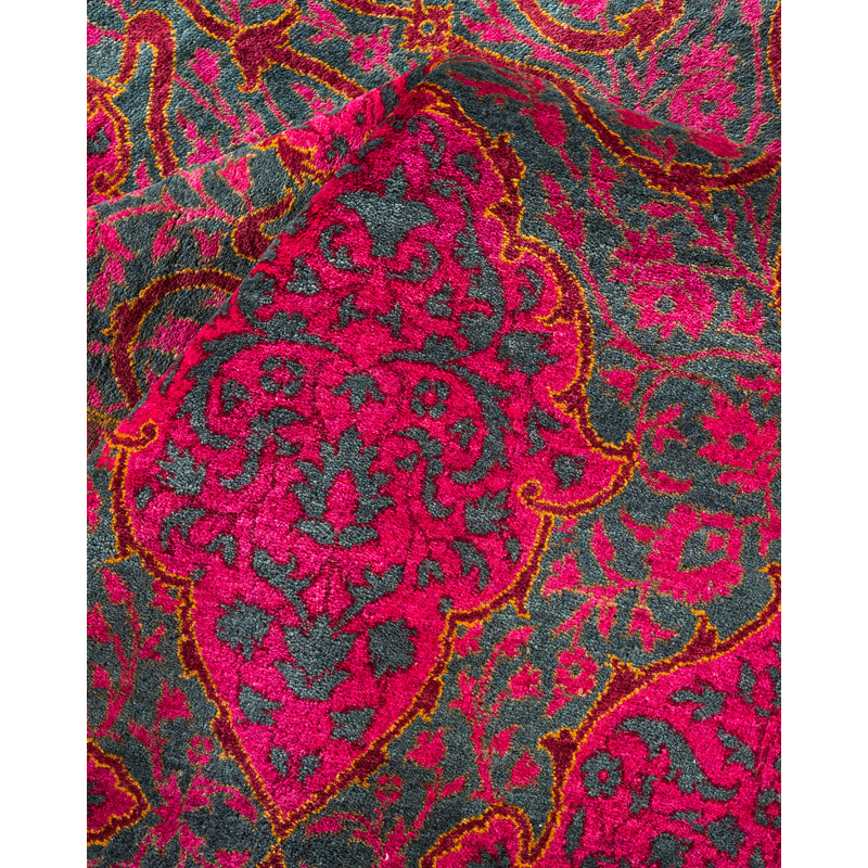 One-of-a-Kind Red and Green Hand-Knotted Wool Runner Rug