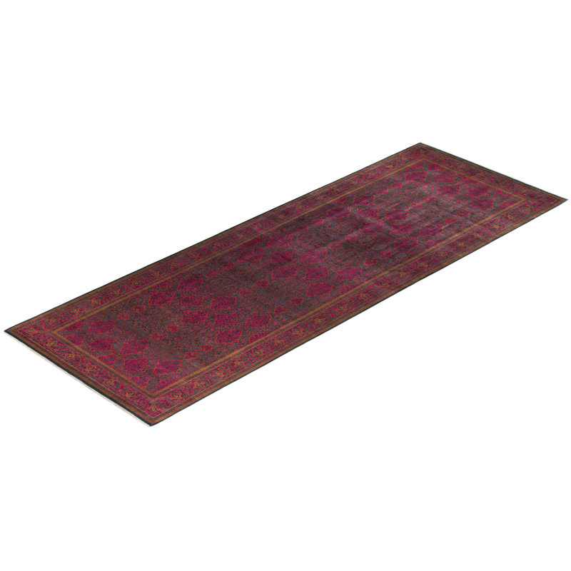 One-of-a-Kind Red and Green Hand-Knotted Wool Runner Rug