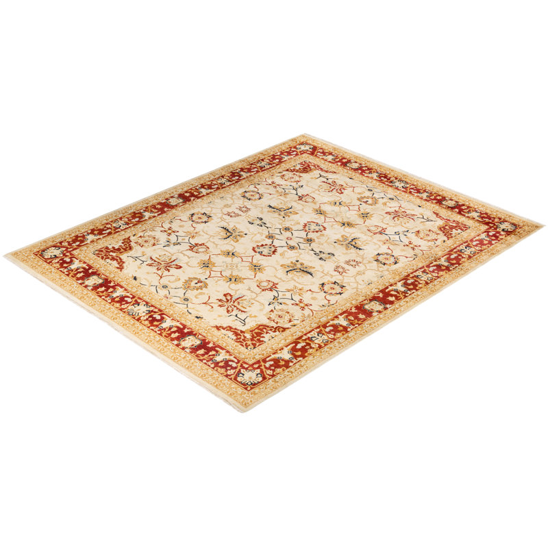 Hand-Knotted Ivory and Red Wool Floral 8' x 10' Area Rug