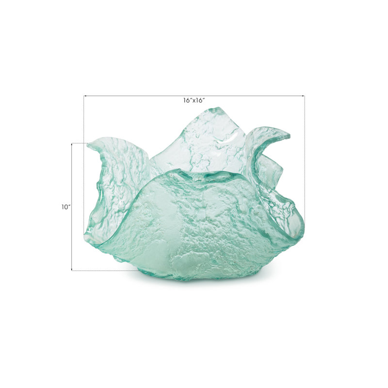 Teal Fluted Edge Bubble Glass Decorative Bowl for Outdoor