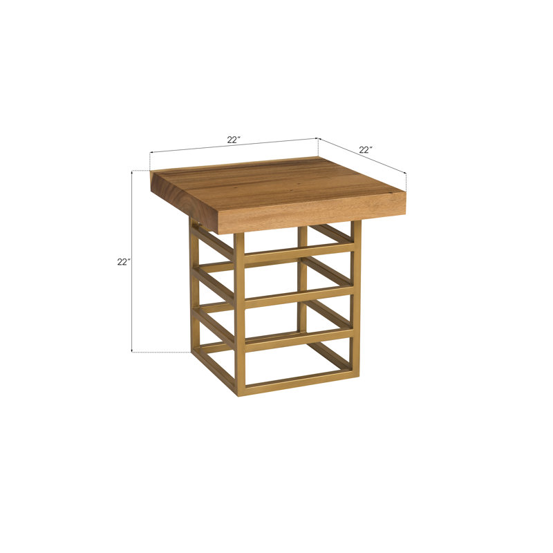 Square Brown Wood and Brass Metal End Table
