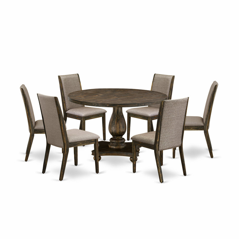 Distressed Jacobean 7-Piece Rubberwood Dining Set with Dark Khaki Chairs