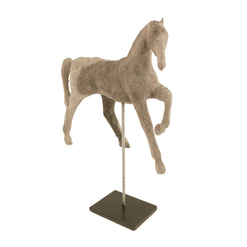 Distressed Taupe Resin Horse Figurine on Black Stand