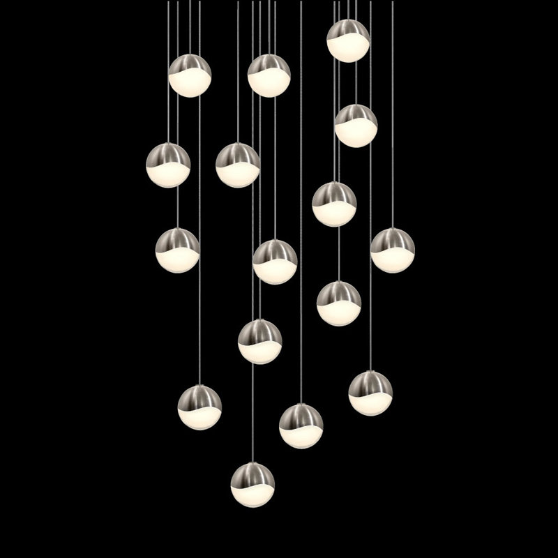 Satin Nickel Crystal 16-Light LED Cluster Square Pendant