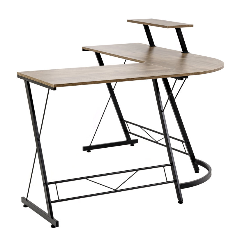 Sewn Oak Laminate and Black Steel L-Shape Home Office Desk