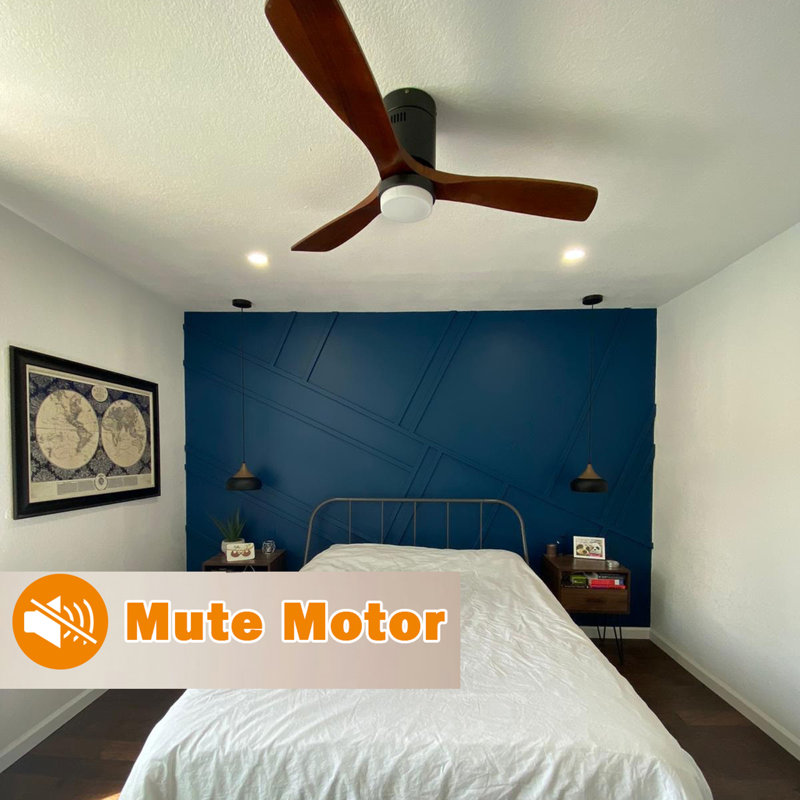 52'' Matte Black and Brown Wood Flush Mount Ceiling Fan with LED Light