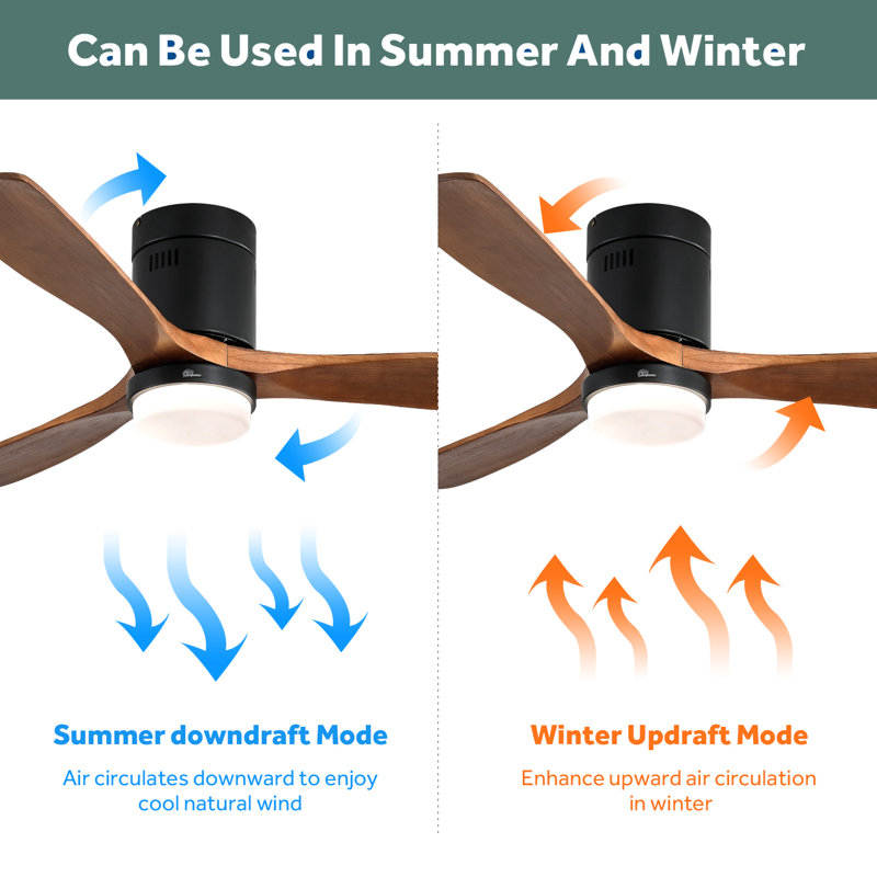 52'' Matte Black and Brown Wood Flush Mount Ceiling Fan with LED Light