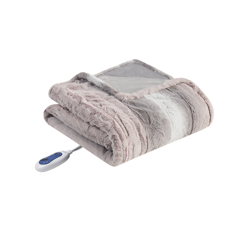 Luxurious Oversized Blush & Gray Faux Fur Heated Throw