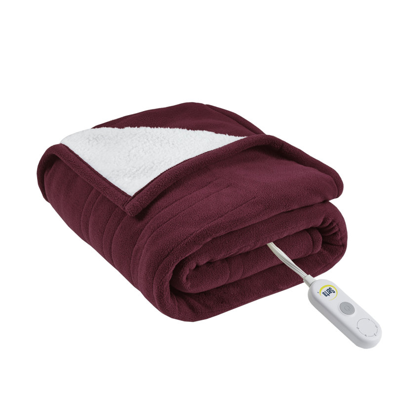 Burgundy Fleece and Sherpa Reversible Heated Throw, 50x60 inch