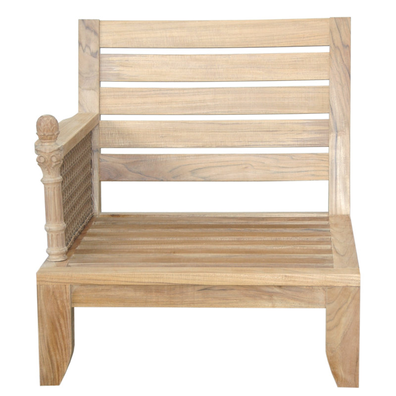 Teak and Rattan Outdoor Lounge Chair with Orange Cushions
