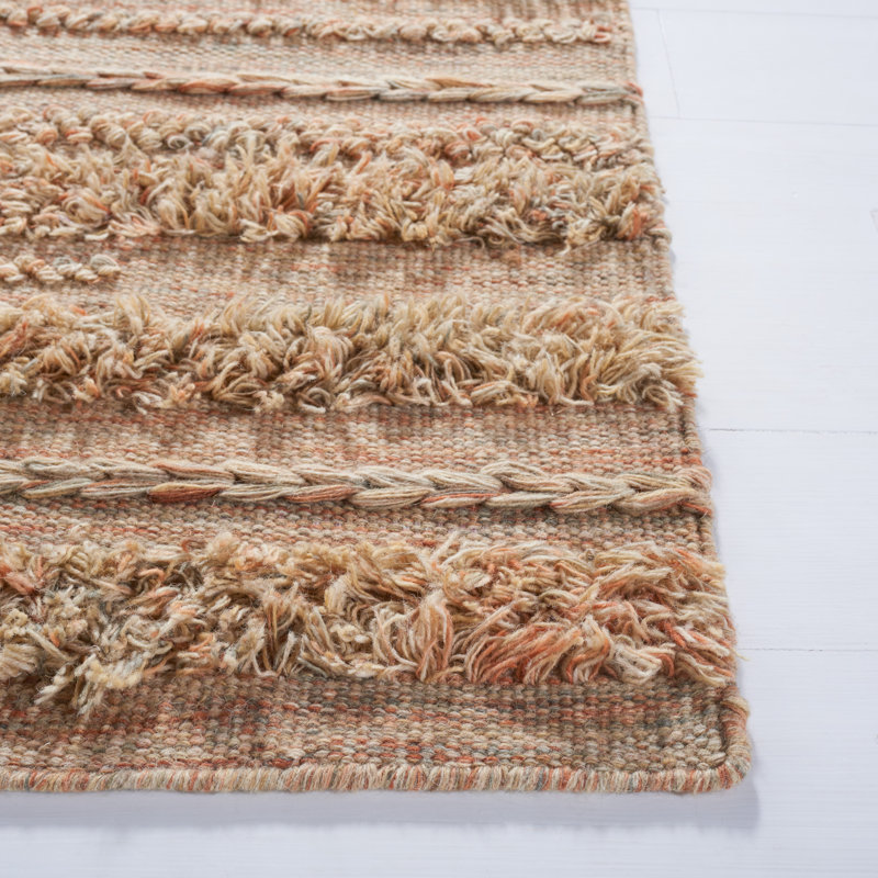 Handmade 6' Square Beige and Orange Wool Cotton Rug