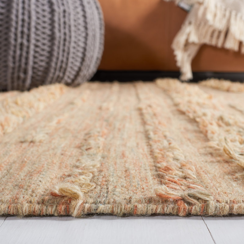 Handmade 6' Square Beige and Orange Wool Cotton Rug