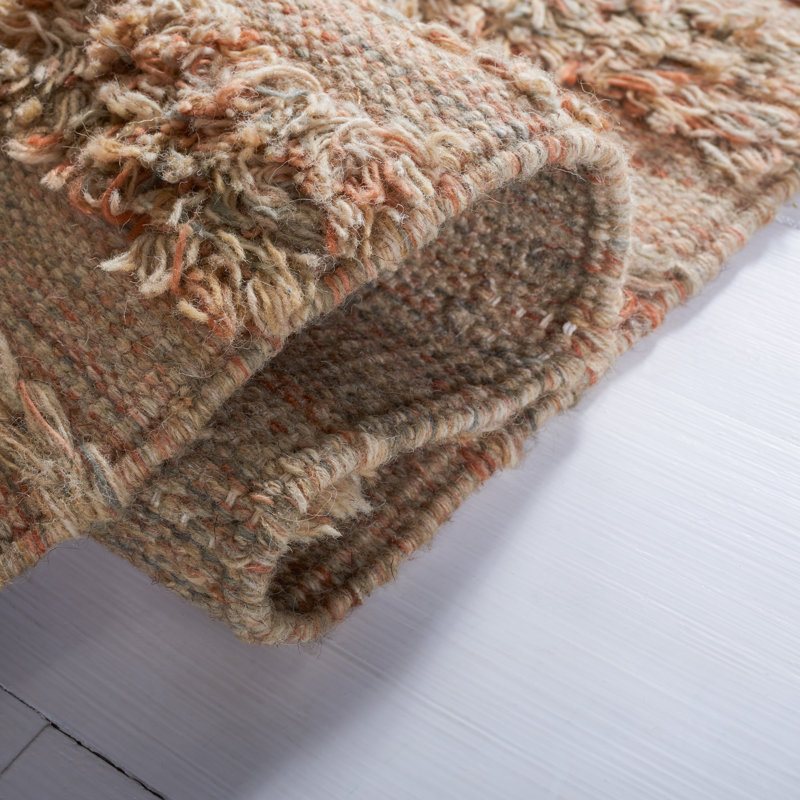 Handmade 6' Square Beige and Orange Wool Cotton Rug