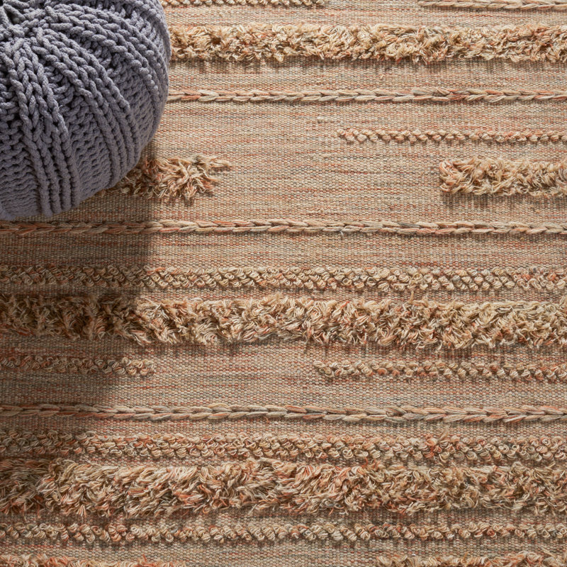 Handmade 6' Square Beige and Orange Wool Cotton Rug