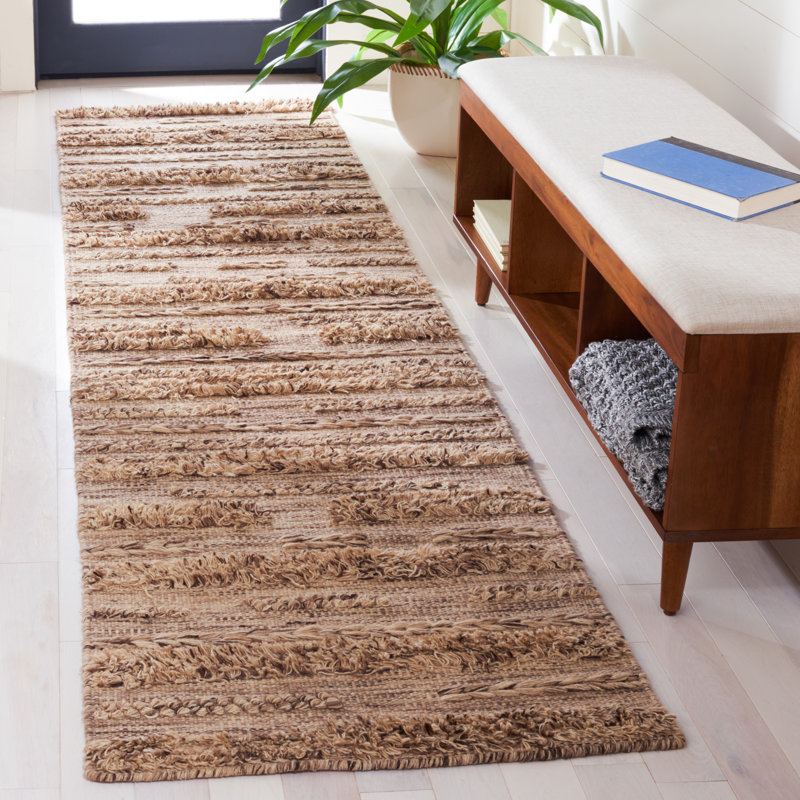 Handwoven Brown and Beige Wool Cotton Runner Rug