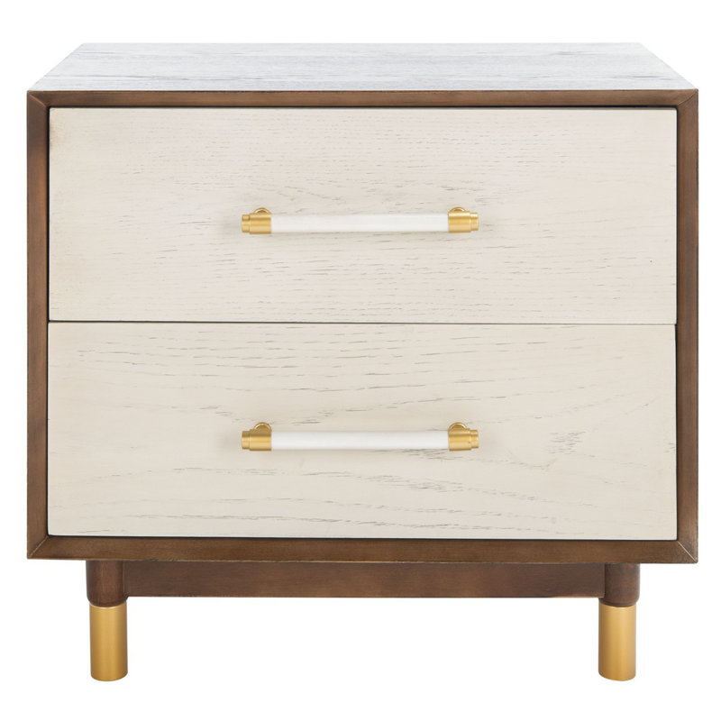 Retro Rustic Walnut/White Washed 2 Drawer Nightstand with Brass Accents